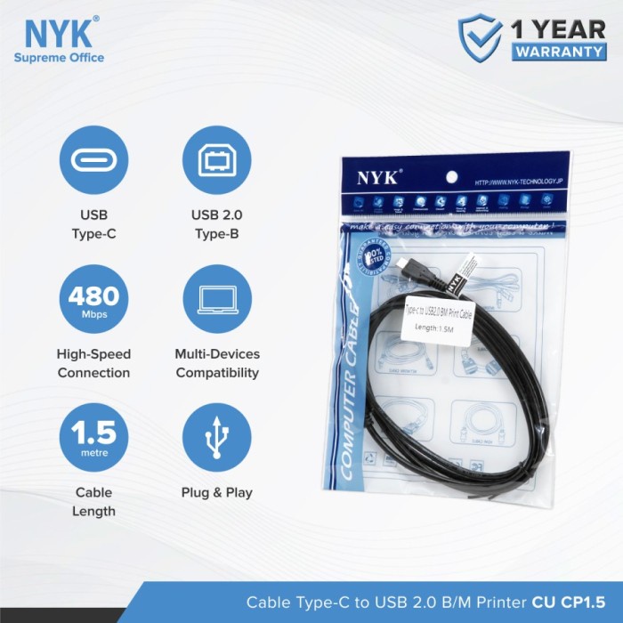 Kabel NYK Type-C to USB 2.0 Type-B 1.5M / Type C to USB Printer