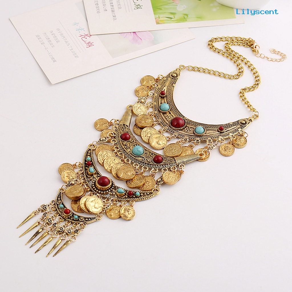 [LS]Stat Kalung Berlebihan Putaran s Jumbai Berwarna Turquoise Layered Hadiah Hypoallergenic Vintage Etnik Wanita Kalung Fashion Perhiasan