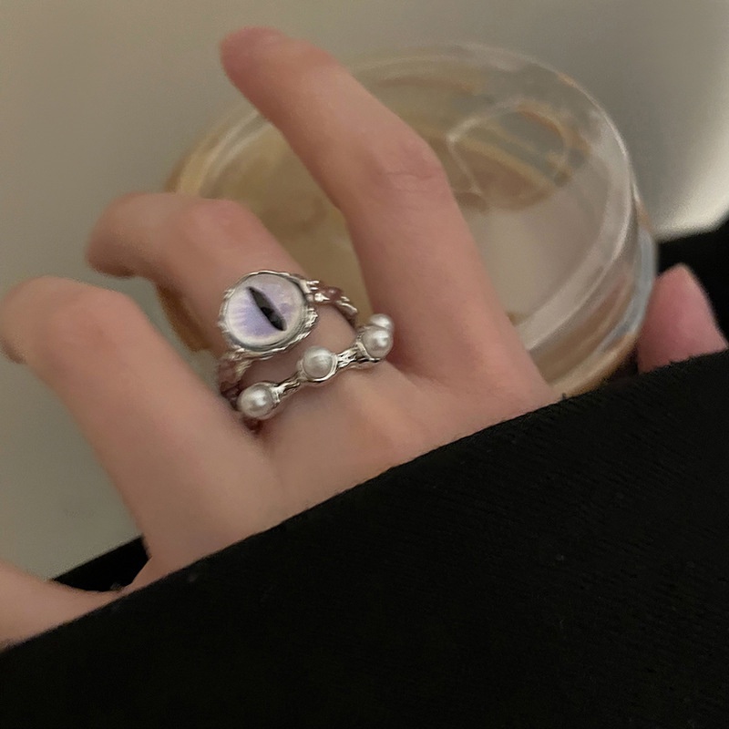 Hip-hop Rock Purple Cat Eye Finger Ring/ Cincin Mutiara Imitasi Lapisan Ganda/ INS Kreatif Pembukaan Yang Dapat Disesuaikan Alloy Ring Perhiasan Pesta