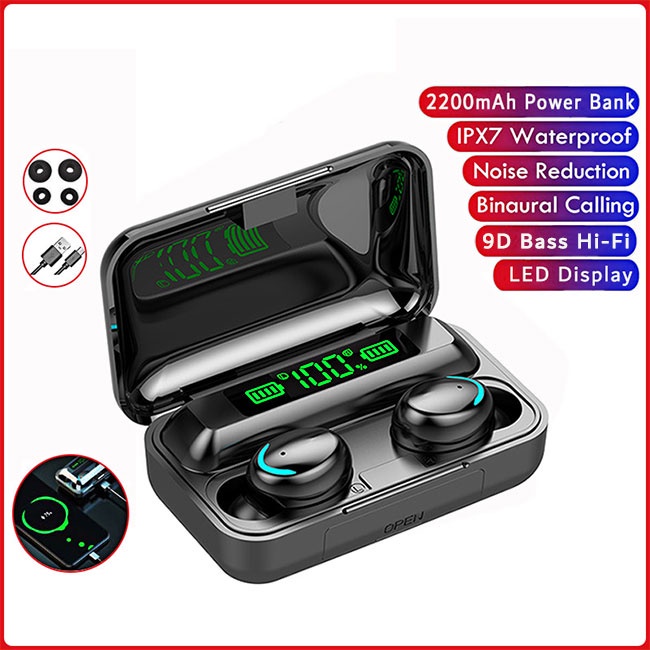 (COD)Promosi Barang spot menjual seperti kue panas F9-5 Headset Bluetooth  Power Bank TWS with Mic 9D Bass Stereo Handset Water Proof Earbud 5.0 Wireless Earphone hadiah untuk teman saudara