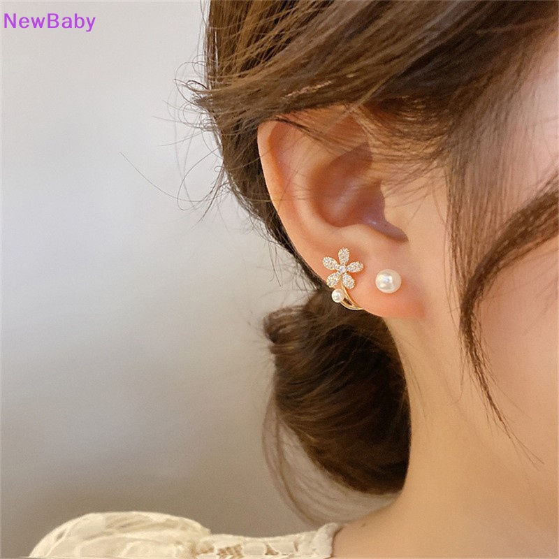 Newbaby 1pasang Korea Imitasi Mutiara Bunga Pejantan Anting Wanita Fashion Kristal Perhiasan Elegan Pesta Sehari-Hari Ikan Ekor Anting Dengan Mutiara Empat Cakar Telinga Baris Anting Hadiah ID
