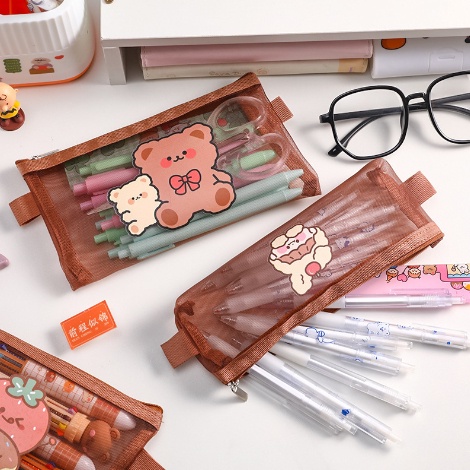 COD - S5776 Tempat Pensil Zipper Coklat Motif / Tempat pensil jaring zipper transparant / Tempat Makeup Model Jaring Transparan