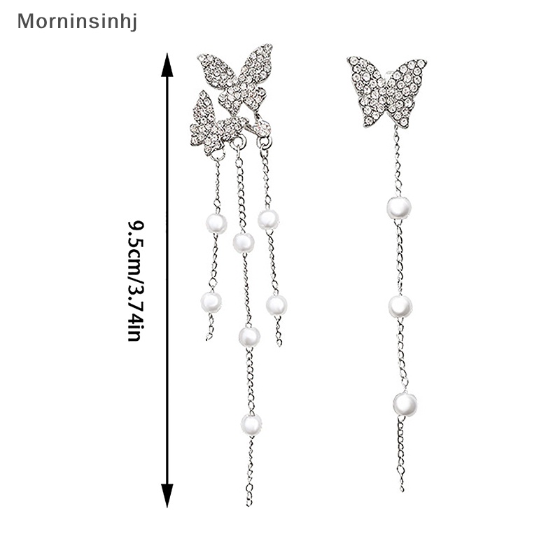 Mornin 1pasang Anting Rumbai Mutiara Kupu-Kupu Warna Silver Temperamen Zirkon Asimetris Pendant Earring Untuk Wanita Perhiasan Gaya Korea id