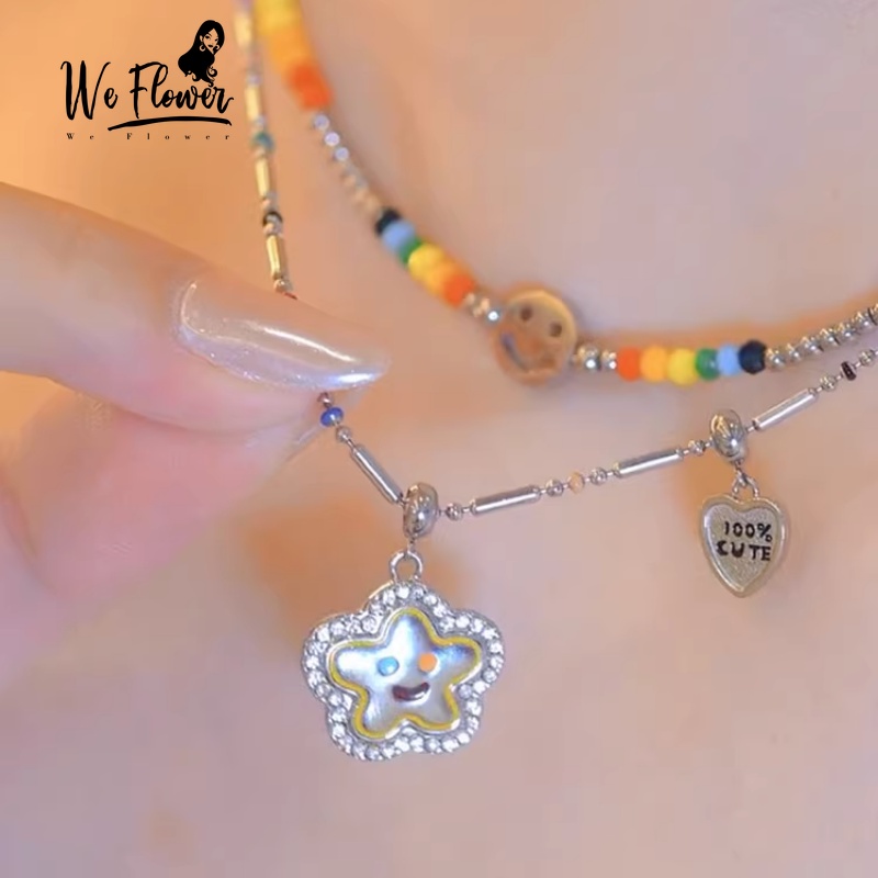 Kami Bunga Trendi Beruntung Wajah Senyum Pelangi Manik-Manik Akrilik Choker Kalung Untuk Wanita Perempuan Korea Lucu Warna-Warni Resin Manik-Manik Tulang Selangka Rantai Kalung Fashion Liburan Perhiasan