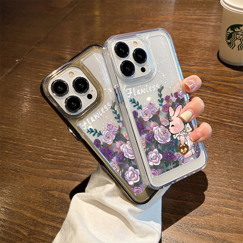 Casing Kelinci Lucu Bunga Untuk IPhone Kompatibel6 7 8 6Plus 7Plus 8Plus 11 14 Pro Max X XS XR 11 12 13 14 Pro Max SE 2020 2022 Plating Electroplated Buttons Shockproof Cover