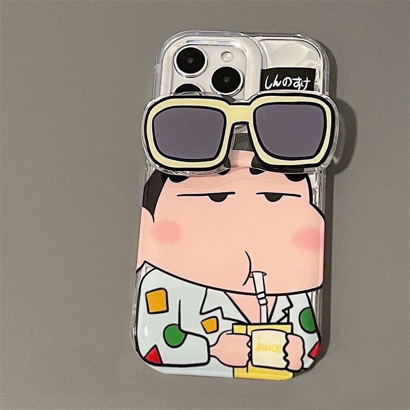 【Sunglasses Shin-chan】Cool Laser Wave Gradient Silver Airbag SoftCase IPhone 11 12 13 14 Pro Max X XR XS MAX 14 Plus Protect Case girl women's Fashion Cute Phone Case