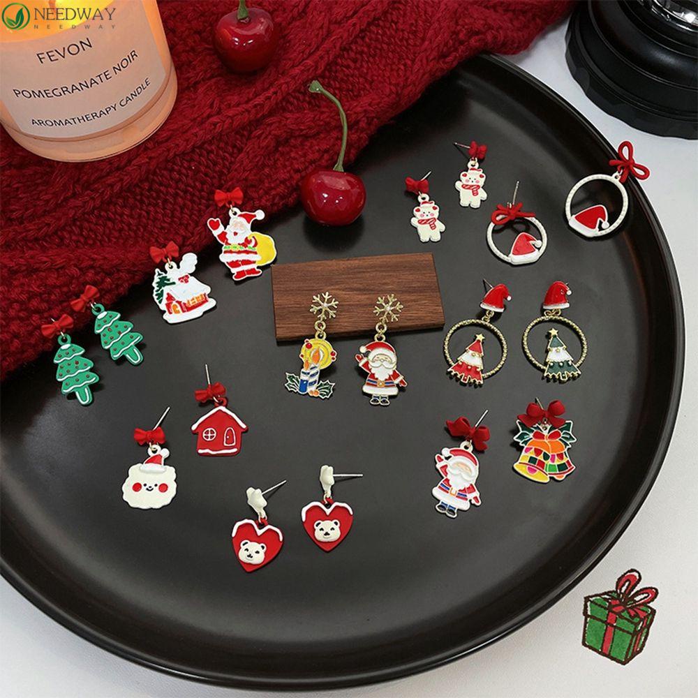 Needway Anting Natal Wanita Kepribadian Paduan Asimetris Elk Santa Claus Pohon Natal Snowman Gaya Korea Earrings