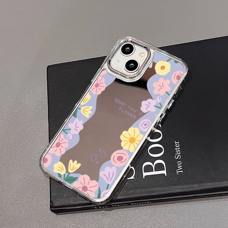 IPHONE Casing Ponsel Cermin Bunga Kartun Warna-Warni Kompatibel Untuk Iphone11 12 13 14 12Pro 13Pro 14Pro Pro Max XR X XS Max Electroplating Tombol Perlindungan Mirror Cover