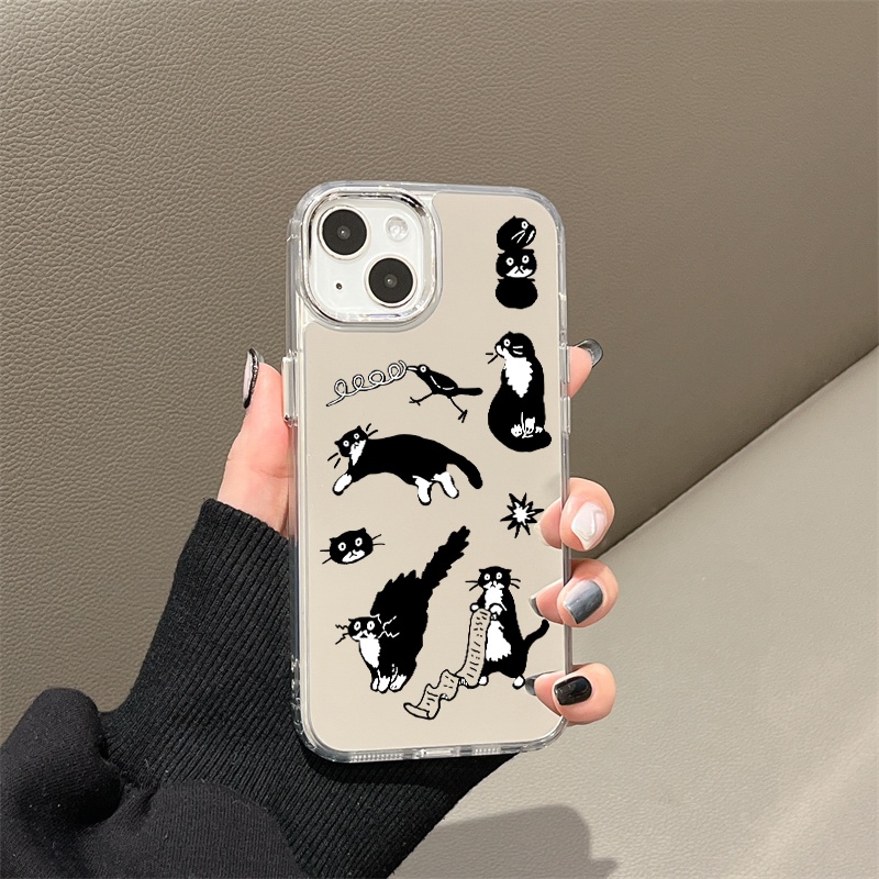 IPHONE Kartun Kucing Hitam Cermin Ponsel Case Kompatibel Untuk Iphone11 12 13 14 12Pro 13Pro 14Pro Pro Max XR X XS Max Electroplating Tombol Perlindungan Mirror Cover