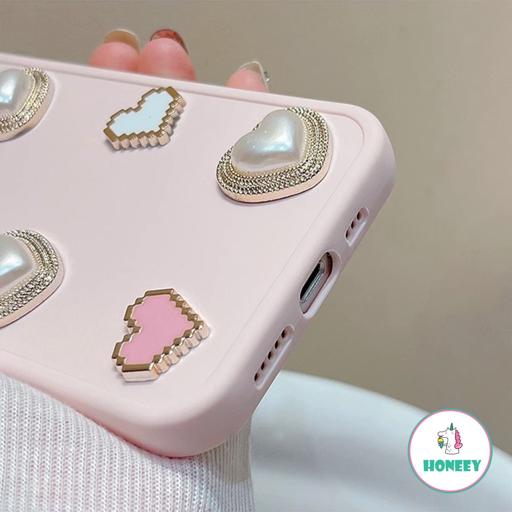 Korea Pink 3D Love Heart Pearls Phone Case Kompatibel Untuk iPhone 14 Pro Max13 12 /12pro 11 Pro Max Shockproof Pelindung Penutup Belakang