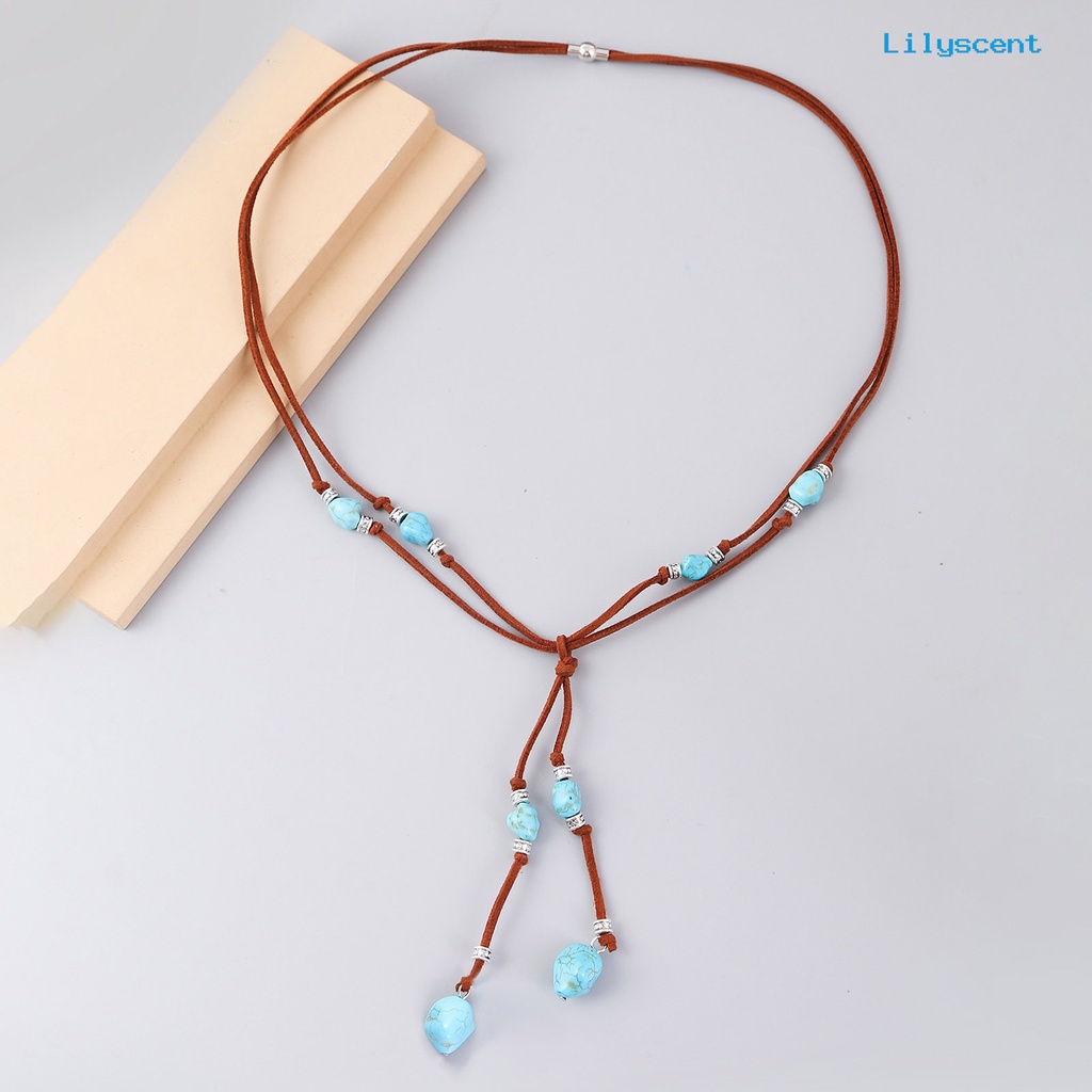 [LS]Turquoise Adjustable Tali Suede Wanita Kalung Gaya Bohemian Liontin Kalung Kait Anting Perhiasan Aksesoris