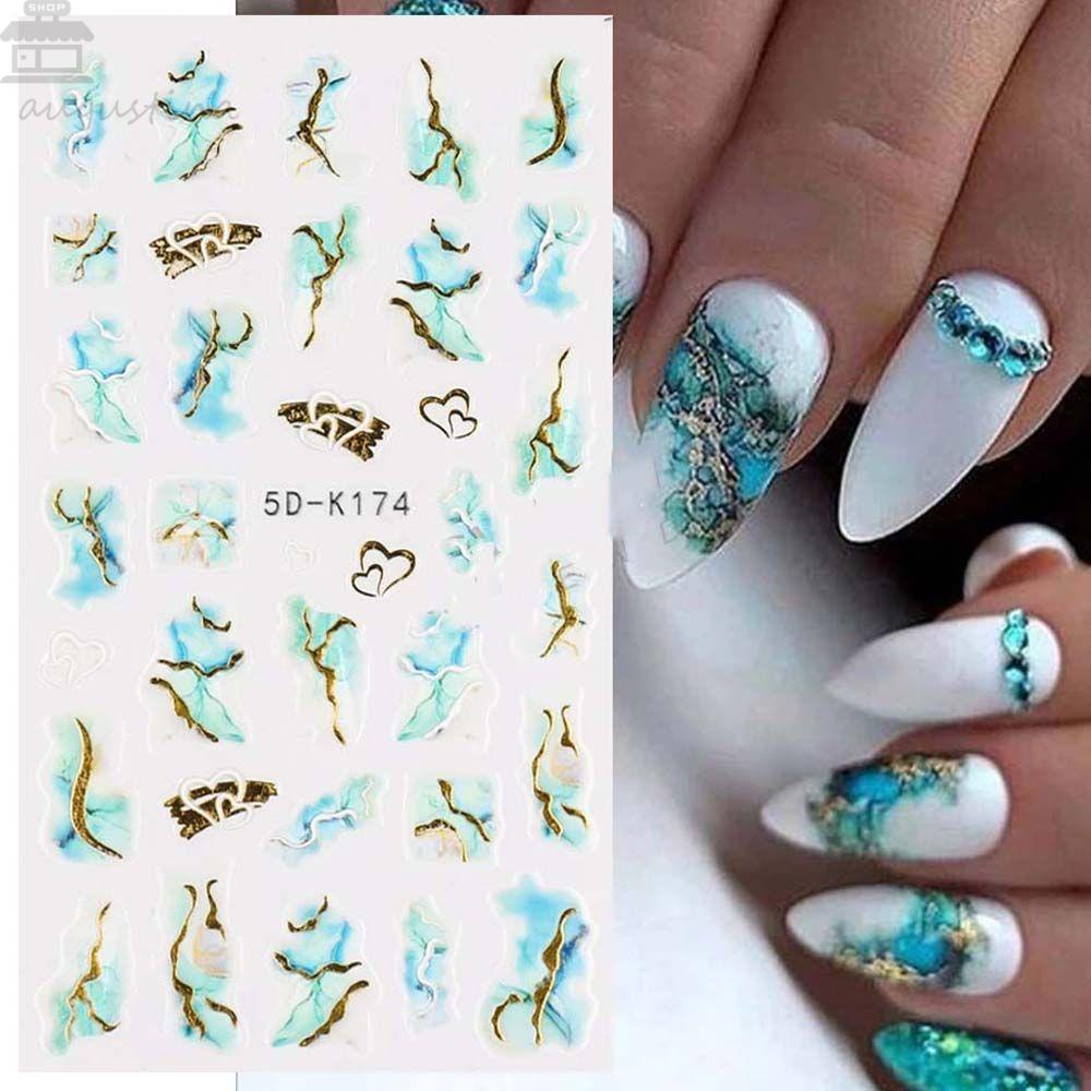 AUGUSTINA Agustina Marbling Stiker Kuku Fashion Warna Emas Motif Marmer Samping Manikur Aksesoris Nail Art Dekorasi