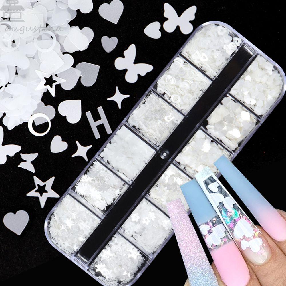 AUGUSTINA Agustina Stiker Kuku 3D Pesona Fashion Kupu-Kupu Putih Bintang Love Nail Sequin