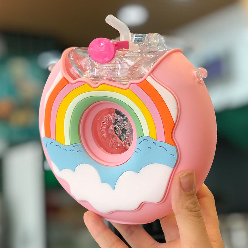 ღ 380Ml Botol Air Bentuk Donat Kawaii Anak-anak Cangkir Makan dengan Sedotan Kartun Anti Bocor Botol Air Luar Ruangan Perjalanan Gadis Botol Air Minum