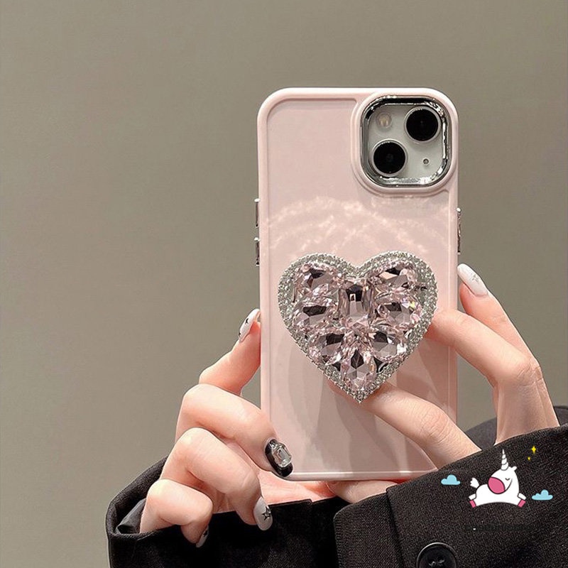 Casing Ponsel Bingkai Lensa Logam Plating Sederhana Kompatibel Untuk IPhone 7plus XR X11 13 14 12 11 Pro Max7 8 Plus XS MAX Mewah Warna Macaron Cinta Hati Berlian Holder Bracket Soft Cover