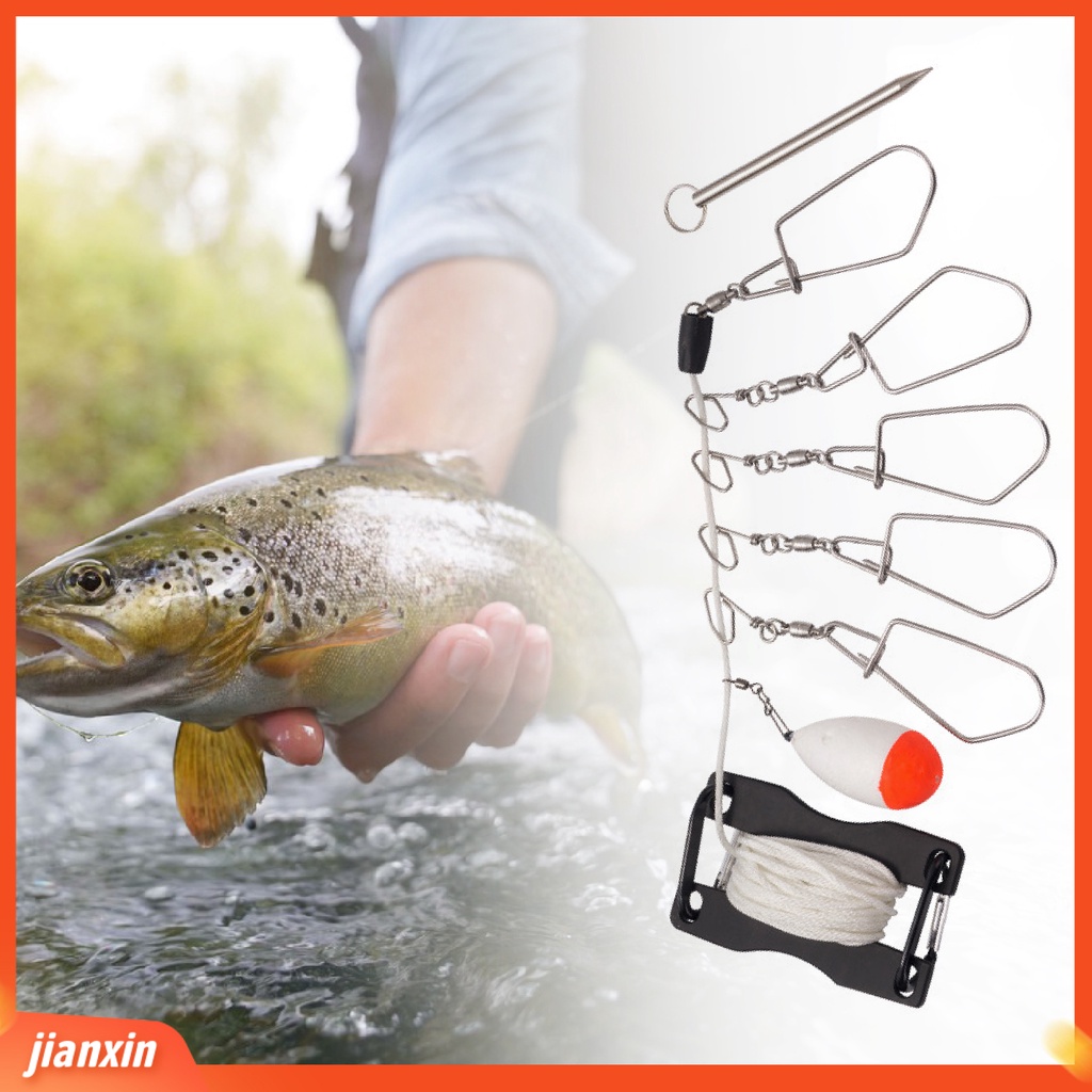 (In Stock) Outdoor Fishing Lure Stringer Stainless Steel Pengunci Gesper Ikan Klip Lock Hook Dengan Tali Pelampung