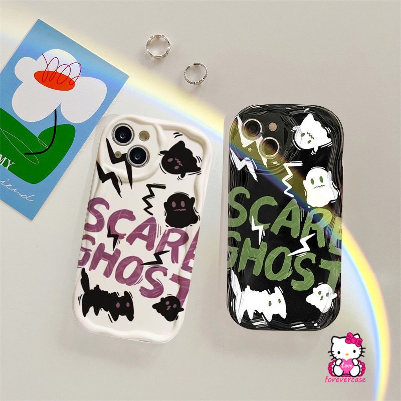 Cartoon Scared Ghost Cat Soft Tpu Case Compatible for IPhone 7Plus XR XS X Max 7 6 8 6s Plus 11 14 12 13 Pro Max SE 2020 Cute Little Monster 3D Wavy Curved Edge Couples Cover