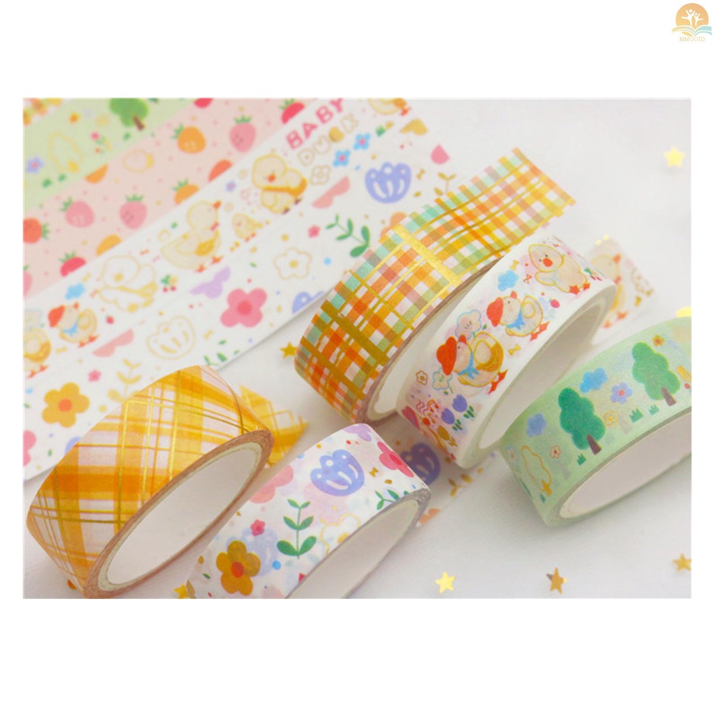 In Stock 6roll Lucu Kartun Foil Emas Washi Tape Set Gaya Rustic Washi Masking Tapes Tape Perekat Dekoratif Label Stiker Lebar 15mm Untuk DIY Seni &amp; Kerajinan Scrapbooking Jurnal