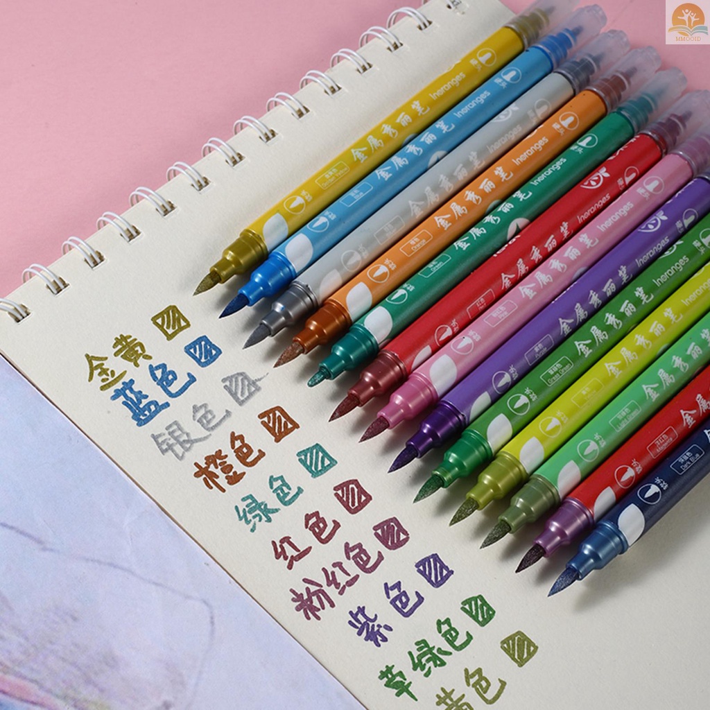 In Stock 12warna Spidol Metalik 1-2mm Brush Pen Spidol Untuk Mewarnai Tip Halus Warna Cerah Cepat Kering Tidak Beracun Untuk Artis Anak Dewasa Buku Pewarna Foto Scrapbooking Sto