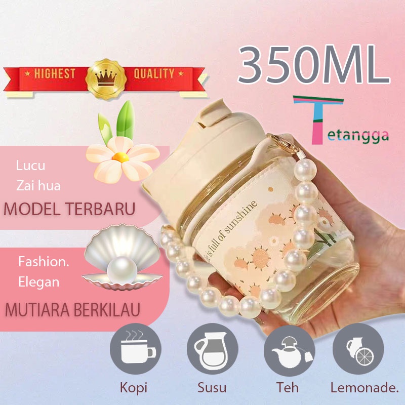 Botol Minum Aesthetic / Tumbler Kaca / Botol Lucu Tali Mutiara VS-345