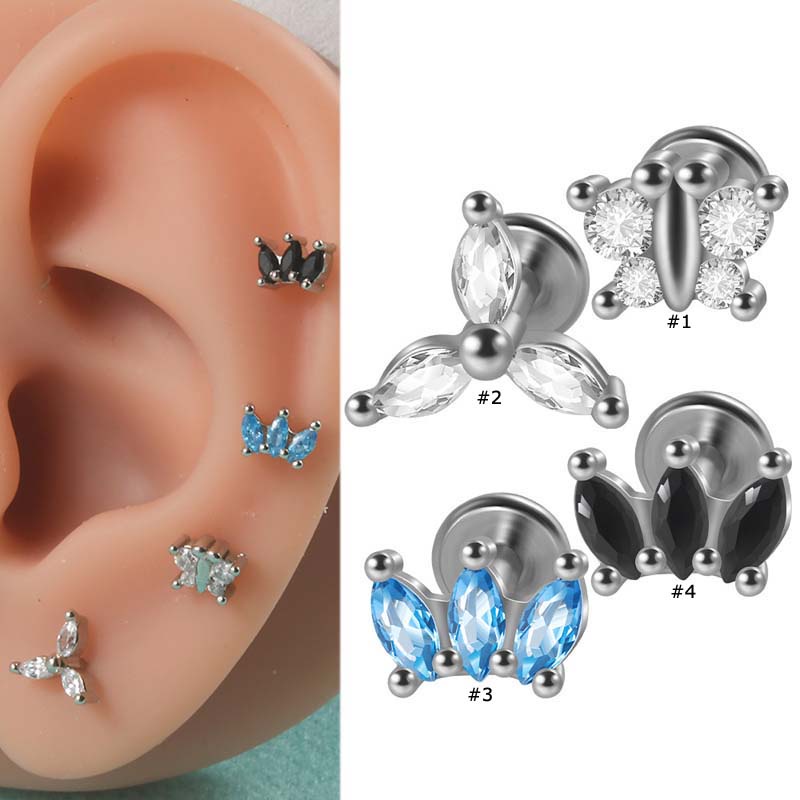 1buah Benang Internal G23 Titanium Bibir Labret Stud Kepala Datar Helix Pinna 16Gauge Piercing Hypoallergenic Mahkota Bentuk Kupu-Kupu