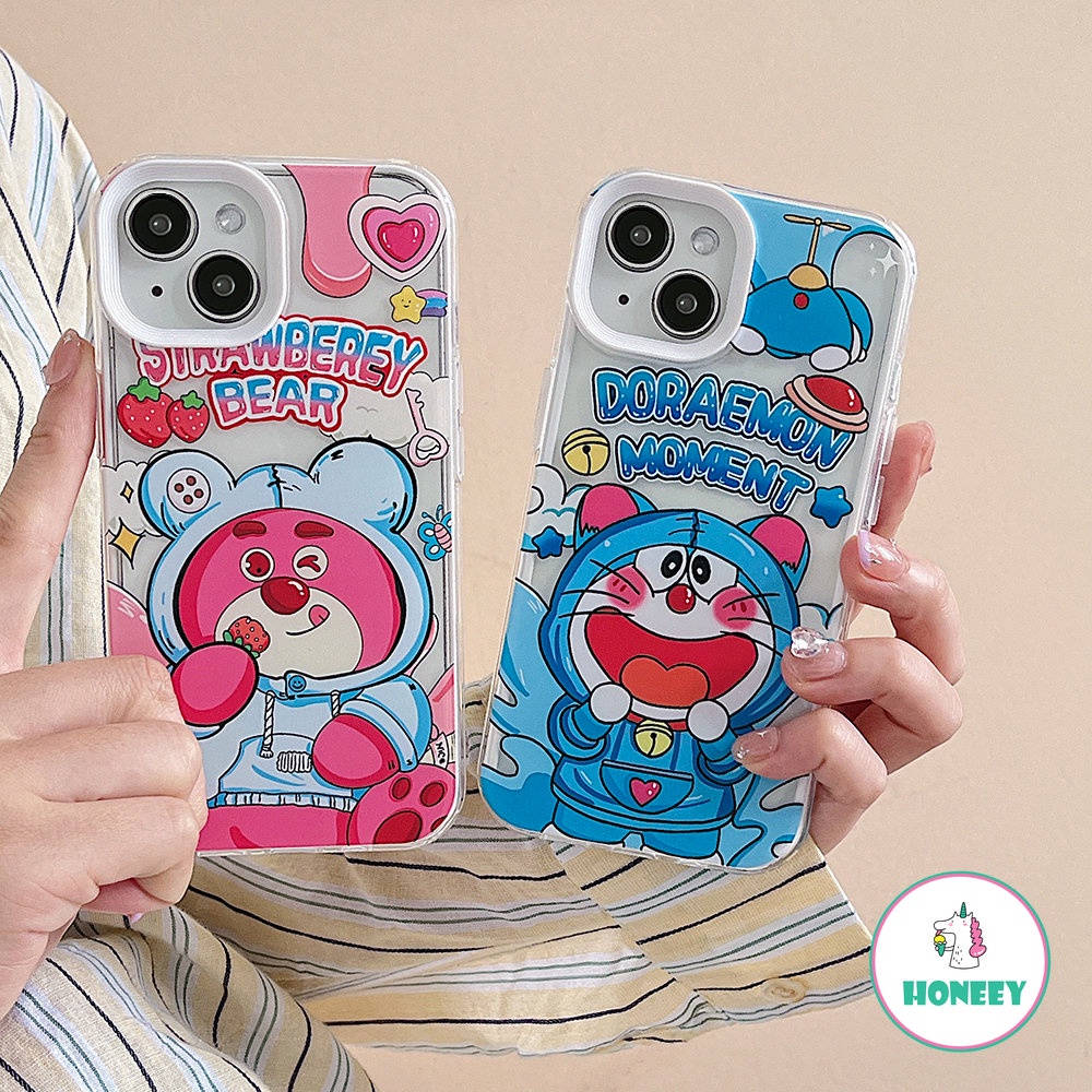 Kartun Strawberry Bear Doraemon Phone Case Kompatibel Untuk iPhone 14 Pro 13 12 11 Pro Max Casing iPhone 11xr XS 7 8plus 3-in-1 Bening Cover Pelindung