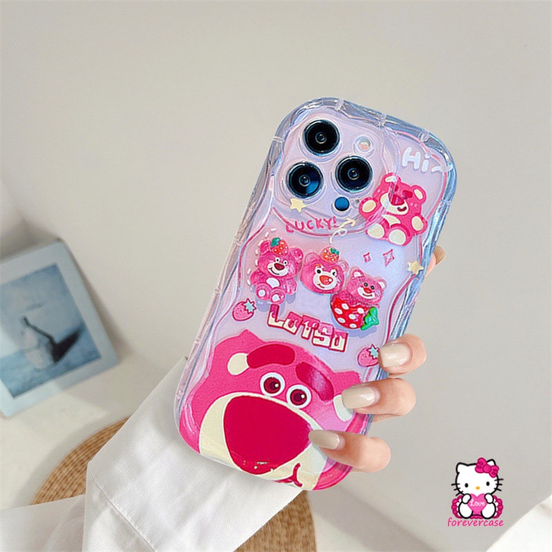 Cartoon 3D Wavy Curved Edge Soft Glossy Case Compatible for iPhone XR XS X Max 11 13 12 14 Pro Max 7Plus 8 6 6s 7 Plus SE 2020 3D Cute Doll Strawberry Bear Lotso Phone Cover