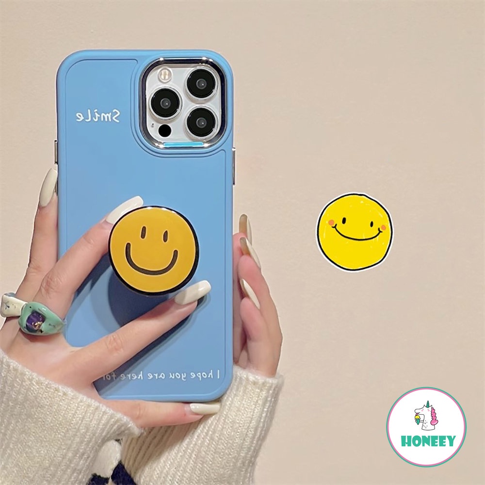 IPHONE Casing Ponsel Stand Smiley Kuning Sederhana Kompatibel Untuk Iphone14 Pro Max13 12 11Pro Max7 8Plus Xr Xs Lembut TPU Shockproof Handphone Cover