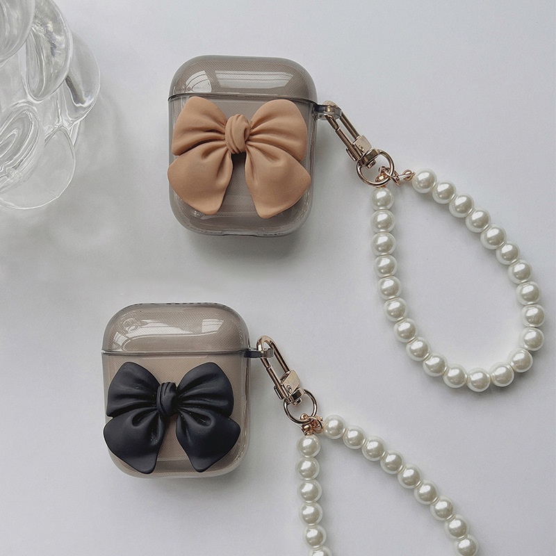 3d Busur Lembut Transparan TPU Nirkabel Bluetooth Earphone Pelindung Shockproof Case Cover Dengan Rantai Manik-Manik Mutiara Untuk Airpods 1 2 3 PRO PRO2