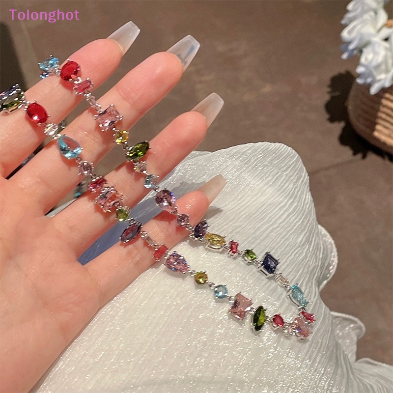 Tolonghot&gt; Trendy Sederhana Manis Keren Permen Berwarna Kristal Hujan Zirkon Kalung Rantai Klavikula Geometris Untuk Wanita Fashion Perhiasan well