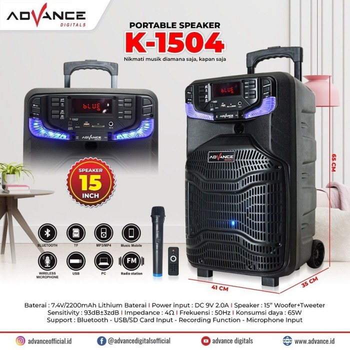 ADVANCE K1504 K-1504 Speaker Portable Bluetooth Mic Wireless 15 Inch / Speaker Meating / Speaker Karoeke / Speaker Bluetooth