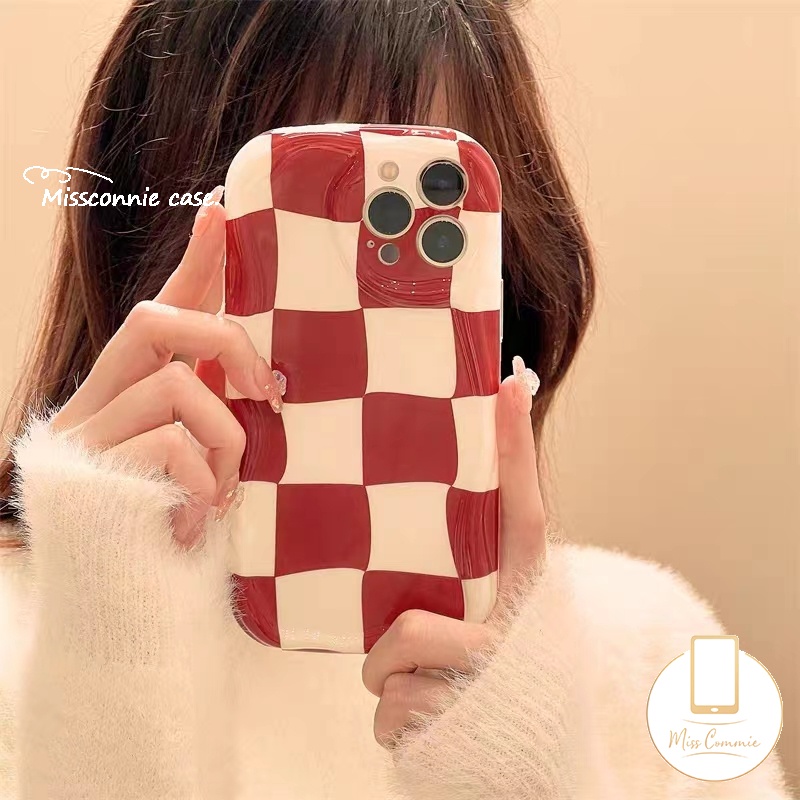 IPHONE Ins Red Checkerboard Shining Love Heart Phone Case Kompatibel Untuk Iphone11 14 XR 7Plus 13 12 14 Pro MAX X XS MAX 6S 7 6 8 Plus SE 2020fashion 3D Wavy Curved Edge Glossy Cover