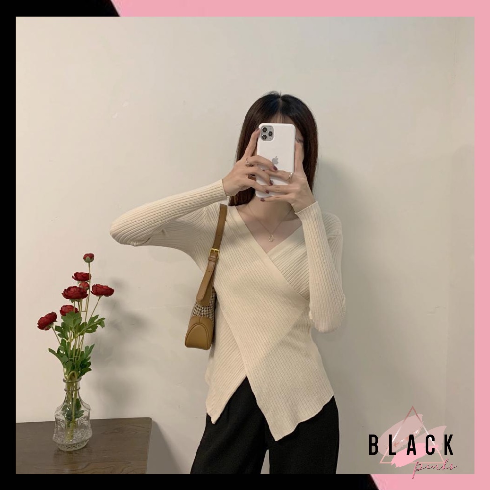 Blackpink Baju Rajut Wanita V Neck Lengan Panjang Atasan Wanita 1277