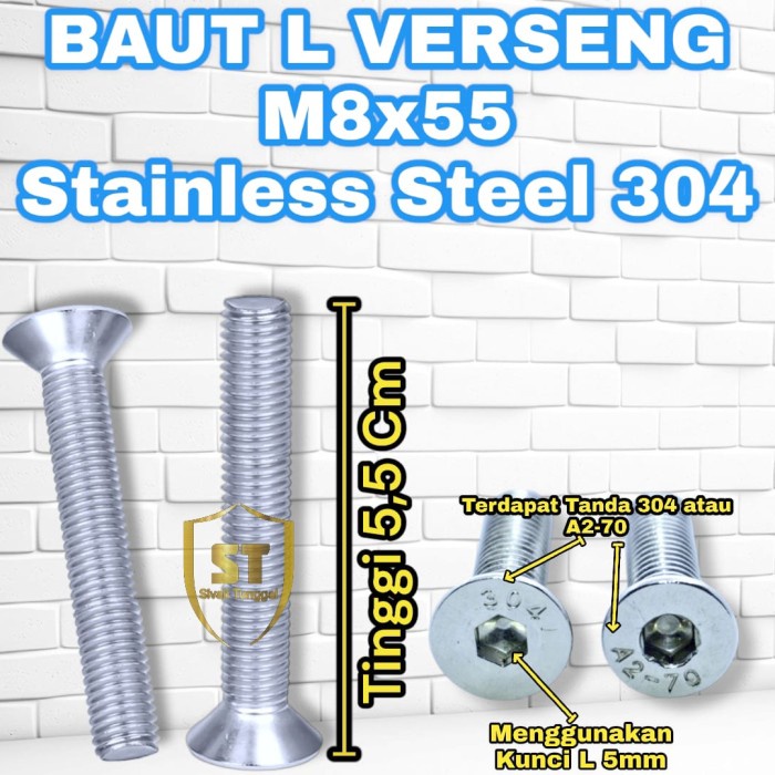 BAUT L COUNTERSUNK VERSENG L M8x55 STAINLESS SS 304