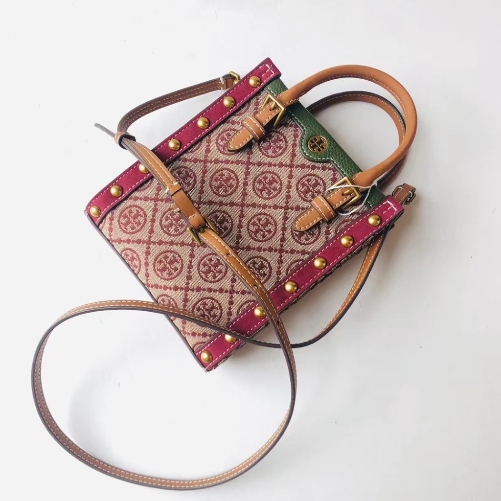 Original 2023 New TB Tory Burch Lady’s  Counter Latest T Monogram Jacquard Studded Mini N/S Tote Bag