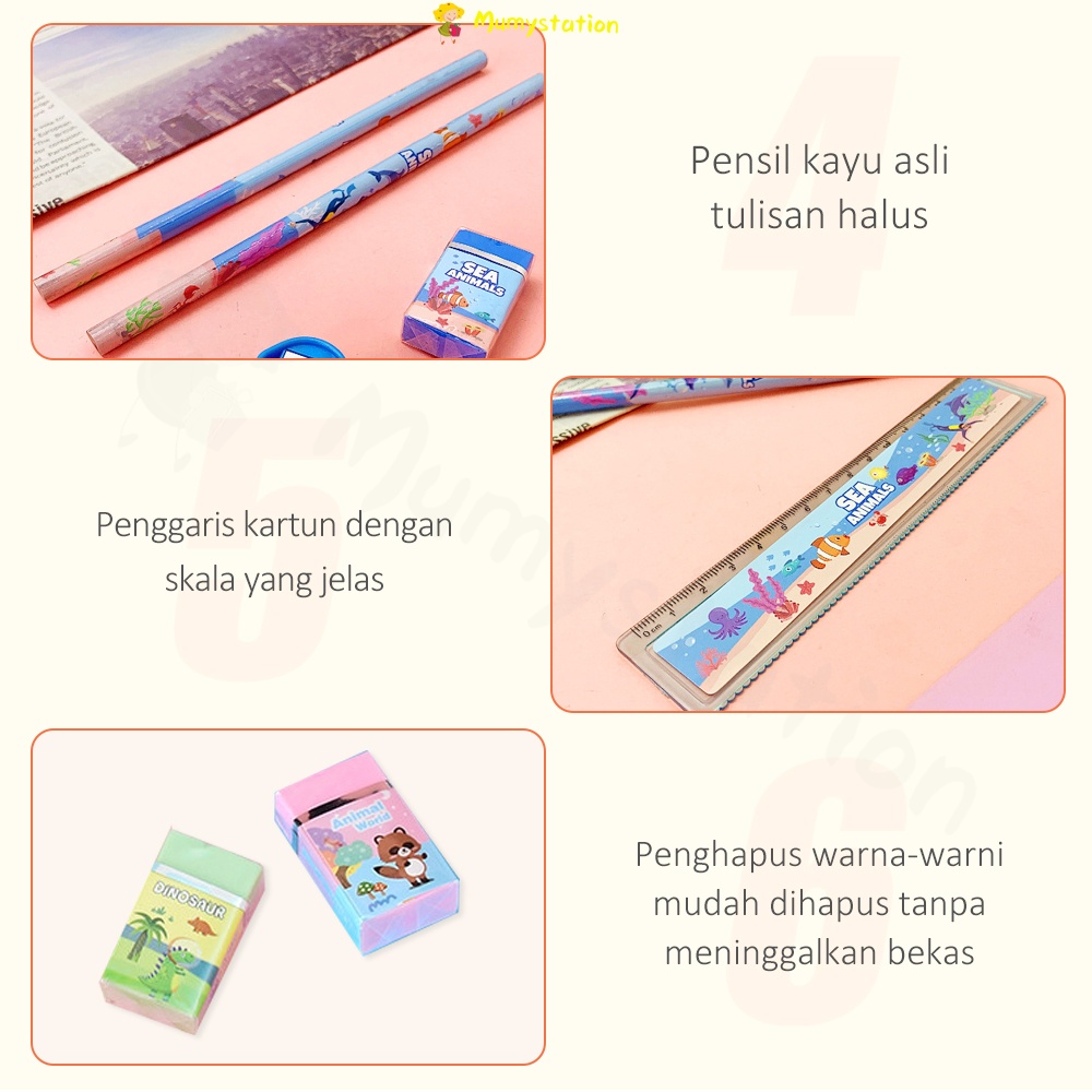 

HJK Mumystation Stationery Set Set Alat Tulis Rautan Penghapus Vacuum Pensil Kotak Pensil 6 In 1