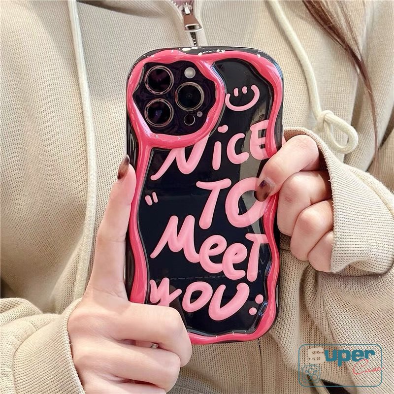 Ins Fashion Art Huruf Smile 3D Wavy Curved Edge Case Kompatibel Untuk iPhone XR 7plus 13 11 12 14 Pro Max8 7 6s 6 Plus X XS Max SE 2020 Glossy Tpu Lembut Shockproof Airbag Cover