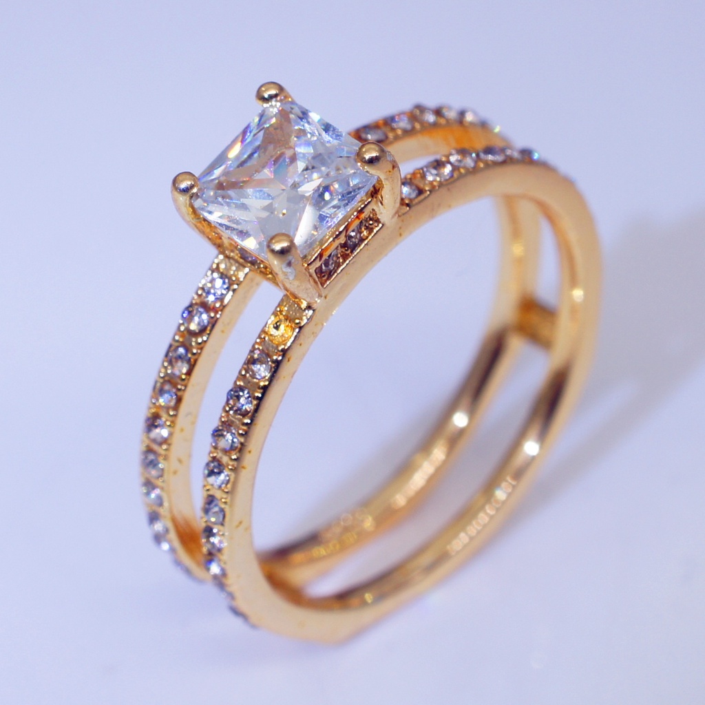 Goldkingdom Aksesoris Perhiasan Fashion Ready Stock Berlapis Emas Kuning Berlian Ganda-set Mahkota Cincin Berlian Eropa Dan Amerika Putri Pertunangan Cincin