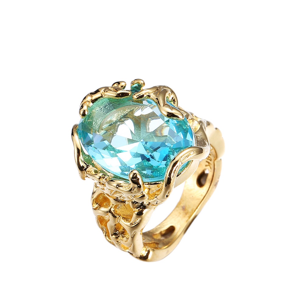 Goldkingdom Aksesoris Perhiasan Fashion Ready Stock Berlapis Dengan Emas 18K, Mendominasi Cincin Berlubang-out Eropa Dan Amerika, Cincin Kristal Biru