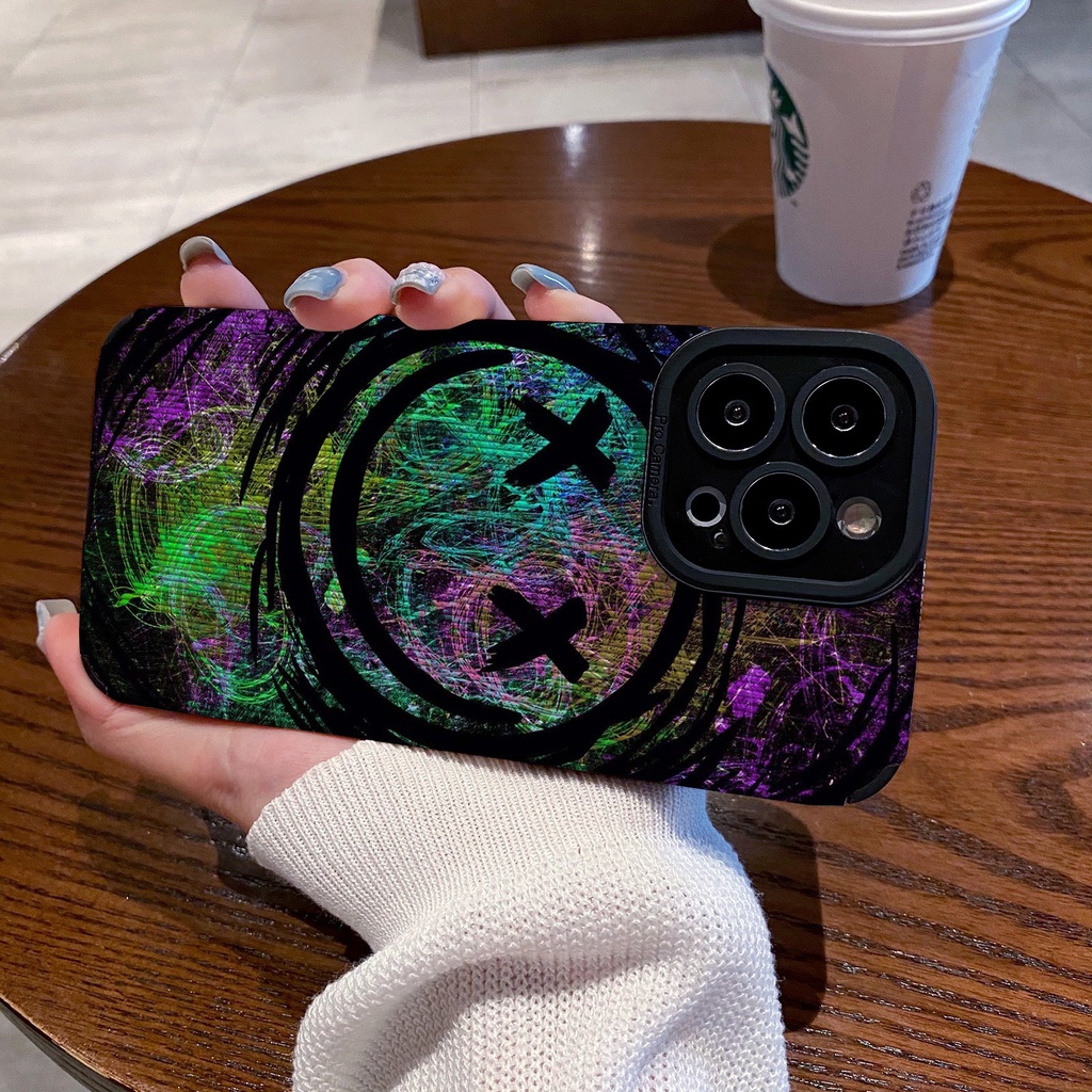 【Lamb Skin】Graffiti Colored Smiley Face Leather Soft Case for IPhone 6S 7 Plus 8 Plus X XS XR XS Max 11 13 12 14 PRO Max 14 Plus 12 13 Mini Camera Protect Phone CASE