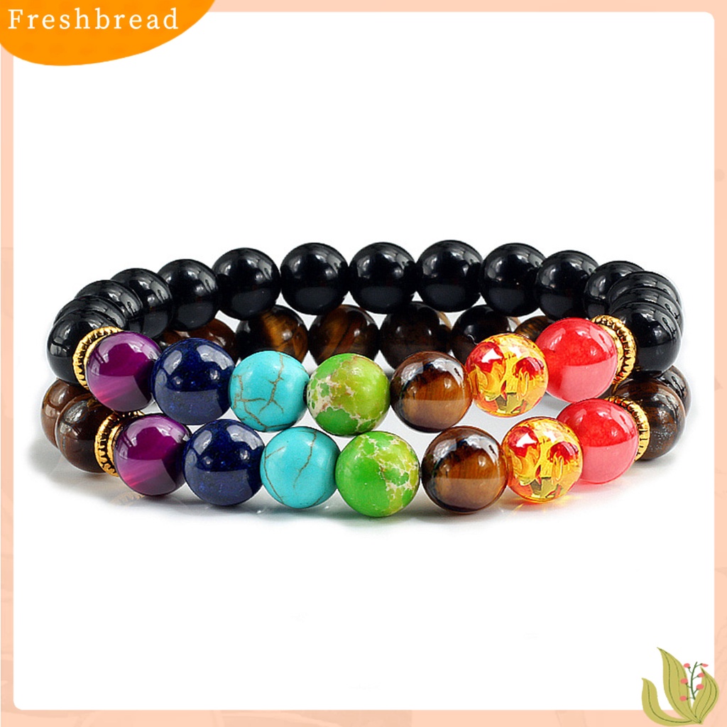 &lt; Freshbread &gt; 1pasang Gelang Manik-Manik Lapisan Ganda Tujuh Cakra Warna-Warni Alami Batu Vulkanik Pergelangan Tangan Berbagai Wanita Pria Yoga Olahraga Chakra Gelang Hadiah Pasangan