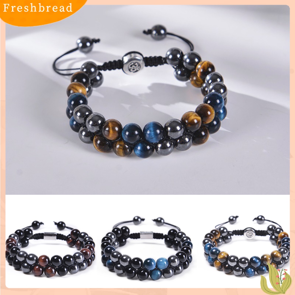 < Freshbread > ic Gelang 8mm Manik-Manik Bulat Double-layer Braided Natural Tiger Eye Stone Adjustable Hadiah Fashion Perhiasan Pria Wanita Penghilang Stress Penyembuhan Bangle Untuk Harian