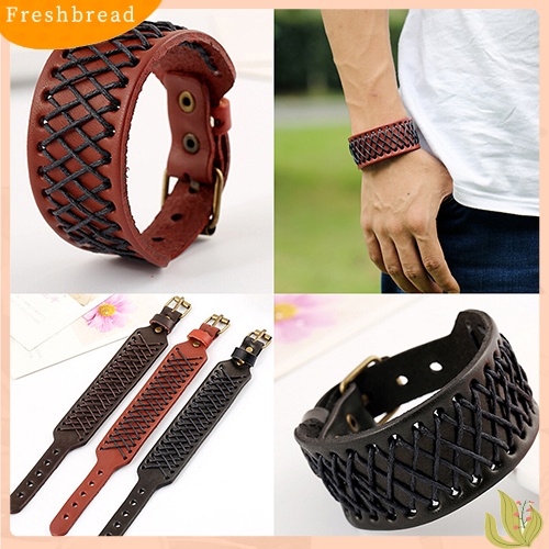 &lt; Freshbread &gt; Pria Wanita Gaya Punk Kepang Lebar Kulit Bangle Retro Gelang Cuff Bracelet