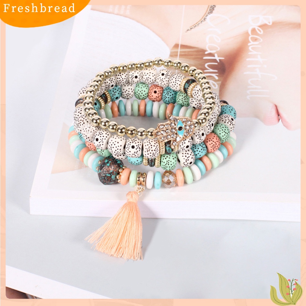 &lt; Freshbread &gt; 4Pcs Vintage Wanita Mutiara Imitasi Bodhi Beads Rumbai Gelang Set Pernyataan Perhiasan