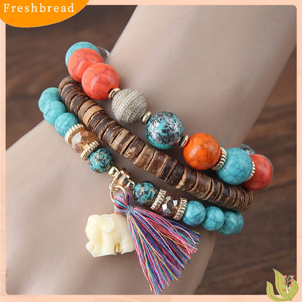 &lt; Freshbread &gt; 3Pcs/Set Tali Elastis Multilayer Resin Wanita Gelang Wanita Bohemia Gajah Rumbai Manik-Manik Gelang Perhiasan Aksesori