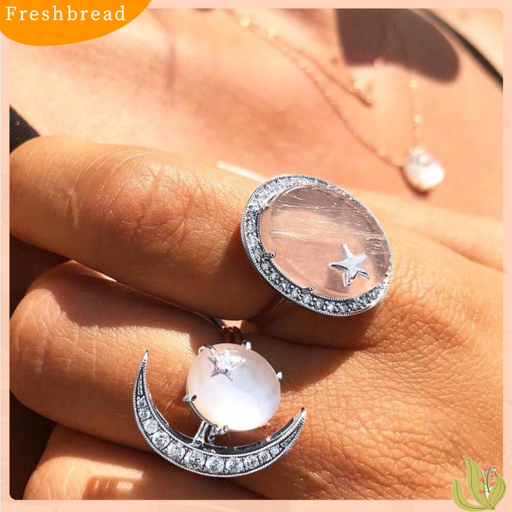 &lt; Freshbread &gt; 2Pcs/Set Boho Wanita Transparan Bulat Berlian Imitasi Hias Bulan Bintang Buku Jari Rings