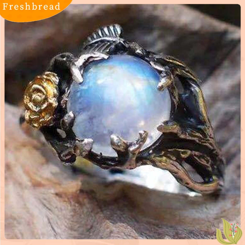 &lt; Freshbread &gt; Berongga Pernyataan Sederhana Vintage Cincin Daun Bunga Moonstone Lady Ring Perhiasan Alat Ekstra