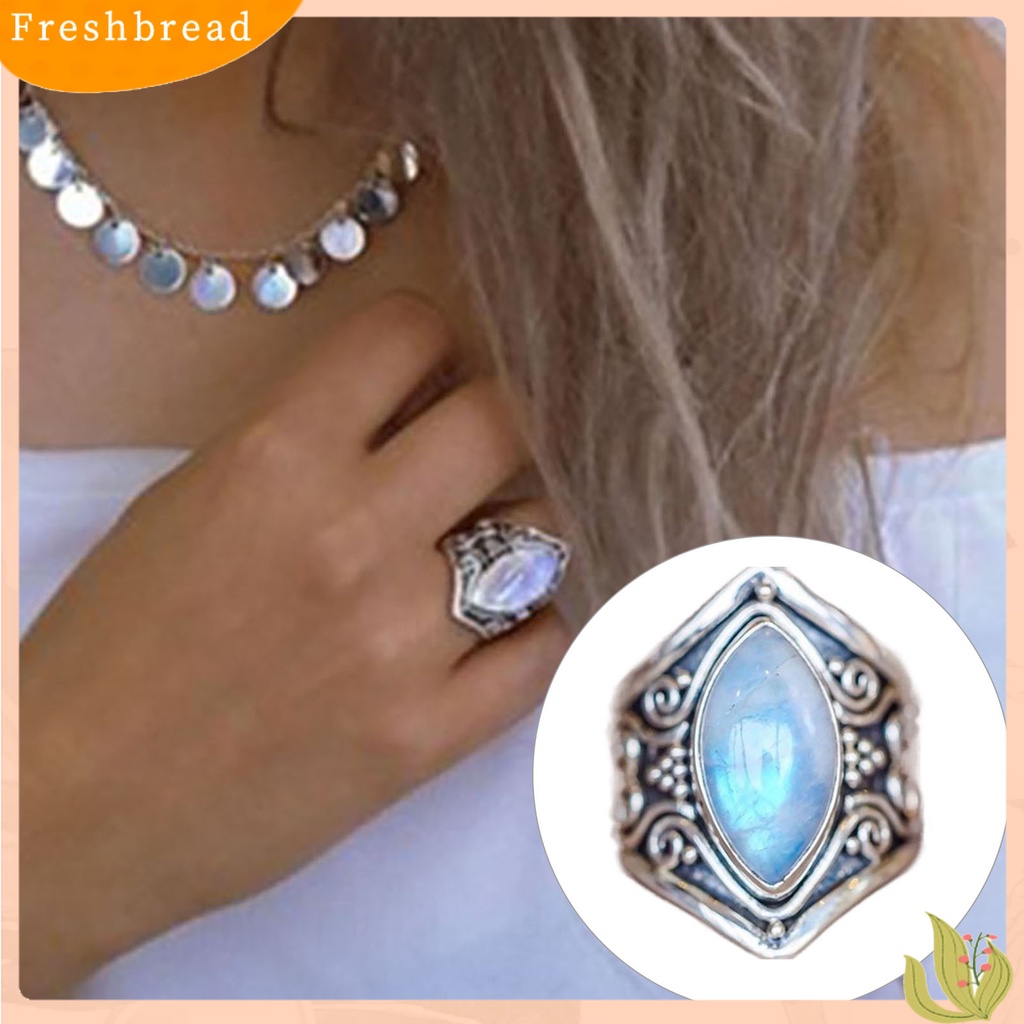 &lt; Freshbread &gt; Wanita Cincin Vintage Halus Batu Oval Shiny Indah Alloy Finger Ring Untuk Pakaian Sehari-Hari