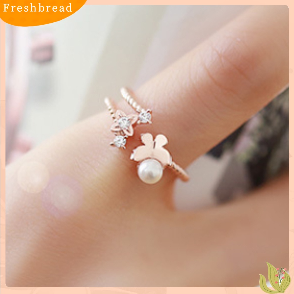 &lt; Freshbread &gt; Wanita Fashion Mutiara Imitasi Berlian Imitasi Bertatahkan Kupu-Kupu Jari Cincin Perhiasan Hadiah