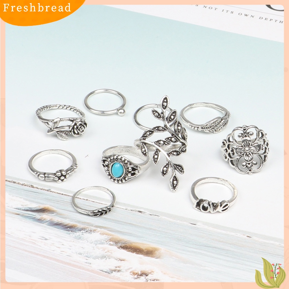 &lt; Freshbread &gt; 10 Pcs Wanita Retro Mawar Ukir Imitasi Pirus Susun Jari Cincin Perhiasan Hadiah